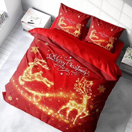Monohome Merry Christmas Gold Deers 3D Temalı Pamuk Saten Çift Kişilik Nevresim Takımı