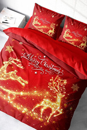 Yılbaşı Nevresim Takım %100 Doğal Pamuk Merry Christmas Çift Kişilik Gold Deers