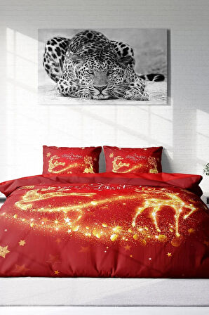 Yılbaşı Nevresim Takım %100 Doğal Pamuk Merry Christmas Çift Kişilik Gold Deers