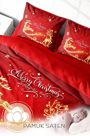 Yılbaşı Nevresim Takım %100 Doğal Pamuk Merry Christmas Çift Kişilik Gold Deers