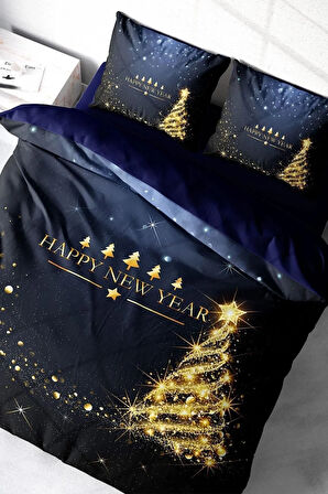 Yılbaşı Nevresim Takım %100 Doğal Pamuk Merry Christmas Çift Kişilik Tree