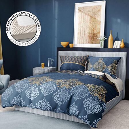 Monohome Premium Luxury Blue Damask 3D Temalı Pamuk Saten Çift Kişilik Nevresim Takımı