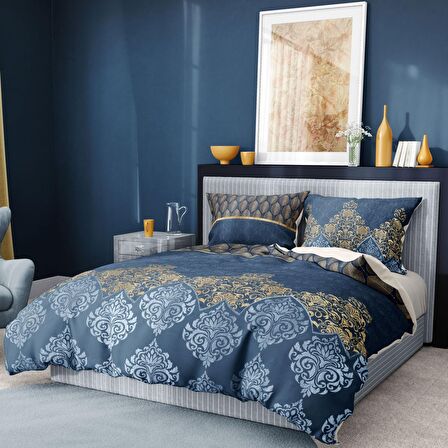 Monohome Premium Luxury Blue Damask 3D Temalı Pamuk Saten Çift Kişilik Nevresim Takımı