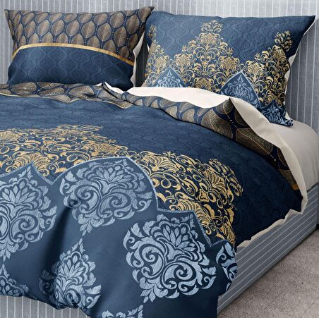 Monohome Premium Luxury Blue Damask 3D Temalı Pamuk Saten Çift Kişilik Nevresim Takımı