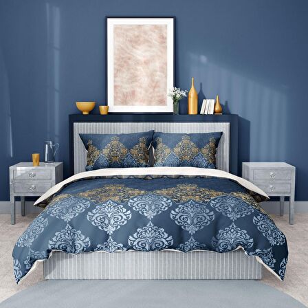 Monohome Premium Luxury Blue Damask 3D Temalı Pamuk Saten Çift Kişilik Nevresim Takımı