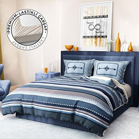 Monohome Premium Luxury Blue Suite 3D Temalı Pamuk Saten Çift Kişilik Nevresim Takımı
