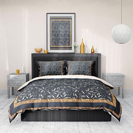 Monohome Premium Luxury Dark Leaf 3D Temalı Pamuk Saten Çift Kişilik Nevresim Takımı