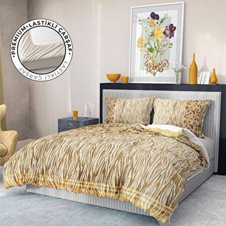 Monohome Premium Luxury Gold Zebra 3D Temalı Pamuk Saten Çift Kişilik Nevresim Takımı