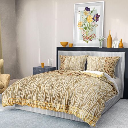 Monohome Premium Luxury Gold Zebra 3D Temalı Pamuk Saten Çift Kişilik Nevresim Takımı