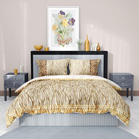 Monohome Premium Luxury Gold Zebra 3D Temalı Pamuk Saten Çift Kişilik Nevresim Takımı