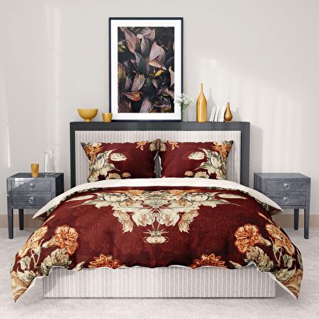 Monohome Premium Luxury Glazed Bouquet Çiçekli Pamuk Saten Çift Kişilik Nevresim Takımı