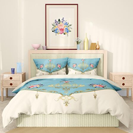 Monohome Premium Luxury Soft Stylish Çiçekli Pamuk Saten Çift Kişilik Nevresim Takımı