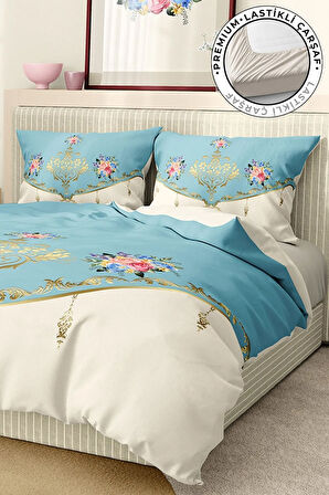 %100 Pamuk Saten Nevresim Takımı Lastikli Çarşaf Deluxe Çift Kişilik 3d Blue