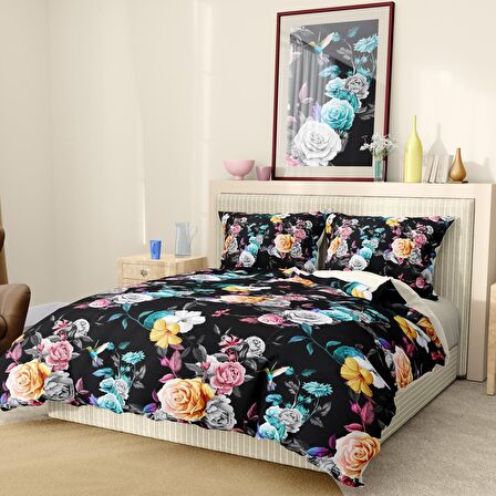 Monohome Premium Luxury Black Flower Çiçekli Pamuk Saten Çift Kişilik Nevresim Takımı