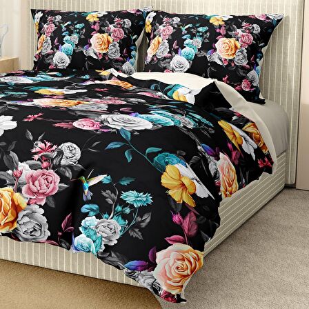 Monohome Premium Luxury Black Flower Çiçekli Pamuk Saten Çift Kişilik Nevresim Takımı