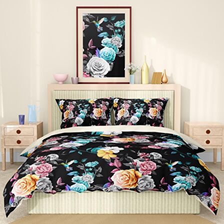 Monohome Premium Luxury Black Flower Çiçekli Pamuk Saten Çift Kişilik Nevresim Takımı
