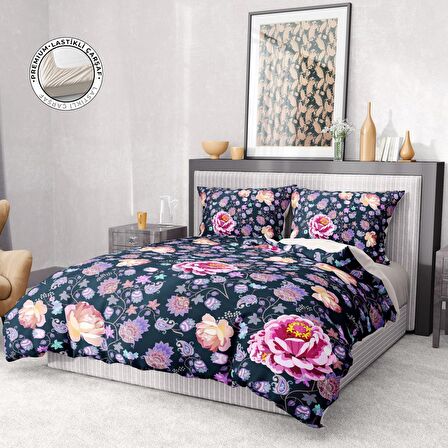 Monohome Premium Luxury Purple Paisley Çiçekli Pamuk Saten Çift Kişilik Nevresim Takımı