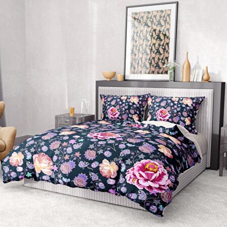 Monohome Premium Luxury Purple Paisley Çiçekli Pamuk Saten Çift Kişilik Nevresim Takımı