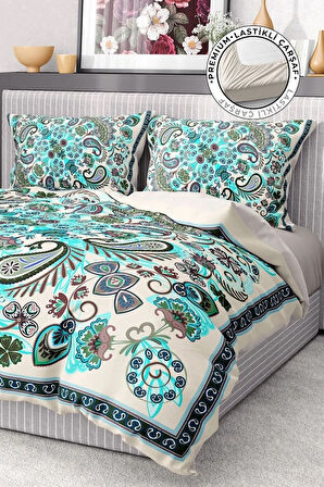 %100 Pamuk Saten Nevresim Takımı Lastikli Çarşaf Deluxe Çift Kişilik 3d Blue