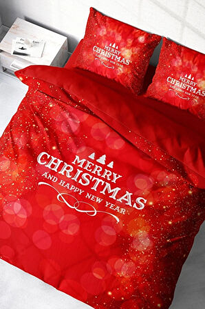 Yılbaşı Nevresim Takım %100 Doğal Pamuk Merry Christmas Çift Kişilik Merry Red