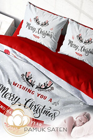 Yılbaşı Nevresim Takım %100 Doğal Pamuk Merry Christmas Çift Kişilik Wıshing You