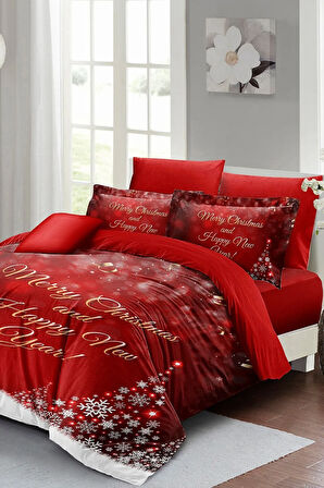 Yılbaşı Süsü Happy New Noel %100 Pamuk Saten 3d Çift Kişilik Nevresim Takımı
