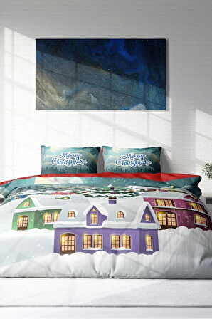 Yılbaşı Nevresim Takım %100 Doğal Pamuk Merry Christmas Çift Kişilik Dream House