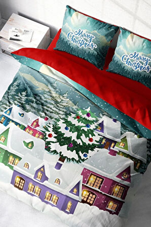 Yılbaşı Süsü Dream House Noel %100 Pamuk Saten 3d Çift Kişilik Nevresim Takımı