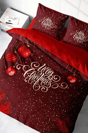 Yılbaşı Nevresim Takım %100 Doğal Pamuk Merry Christmas Çift Kişilik Red Ball