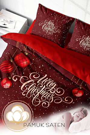 Yılbaşı Nevresim Takım %100 Doğal Pamuk Merry Christmas Çift Kişilik Red Ball