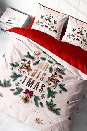 Yılbaşı Nevresim Takım %100 Doğal Pamuk Merry Christmas Çift Kişilik White