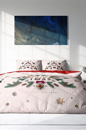 Yılbaşı Nevresim Takım %100 Doğal Pamuk Merry Christmas Çift Kişilik White