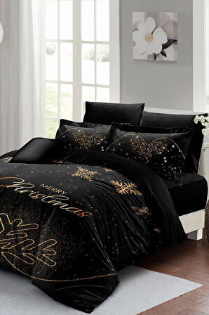 Yılbaşı Süsü Black Noel %100 Pamuk Saten 3d Çift Kişilik Nevresim Takımı