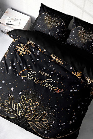 Yılbaşı Süsü Black Noel %100 Pamuk Saten 3d Çift Kişilik Nevresim Takımı