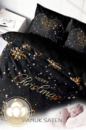 Yılbaşı Süsü Black Noel %100 Pamuk Saten 3d Çift Kişilik Nevresim Takımı