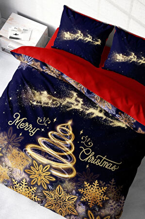 Yılbaşı Nevresim Takım %100 Doğal Pamuk Merry Christmas Çift Kişilik Gold Red
