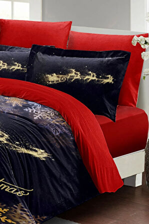 Yılbaşı Süsü Black & Red Noel %100 Pamuk Saten 3d Çift Kişilik Nevresim Takımı