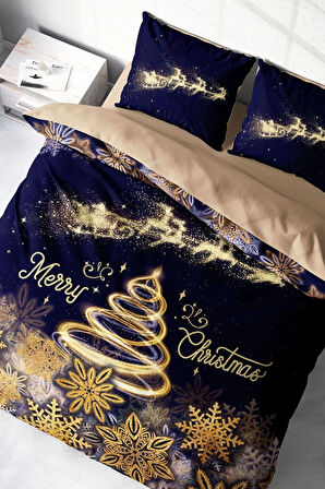 Yılbaşı Nevresim Takım %100 Doğal Pamuk Merry Christmas Çift Kişilik Gold Coffee