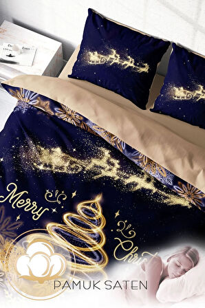 Yılbaşı Nevresim Takım %100 Doğal Pamuk Merry Christmas Çift Kişilik Gold Coffee