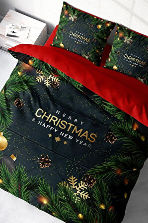 Yılbaşı Nevresim Takım %100 Doğal Pamuk Merry Christmas Çift Kişilik Navy Blue