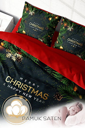 Yılbaşı Nevresim Takım %100 Doğal Pamuk Merry Christmas Çift Kişilik Navy Blue