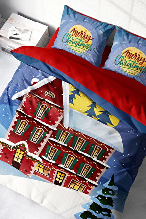 Yılbaşı Nevresim Takım %100 Doğal Pamuk Merry Christmas Çift Kişilik Red House*