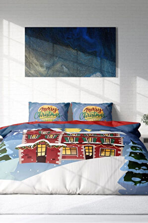 Yılbaşı Nevresim Takım %100 Doğal Pamuk Merry Christmas Çift Kişilik Red House*