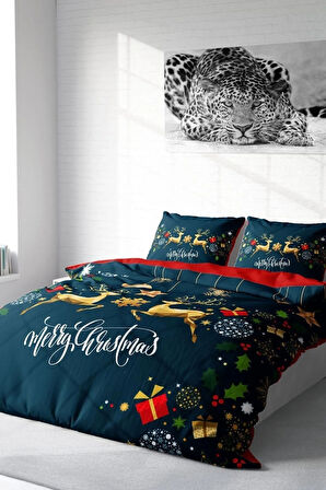 Yılbaşı Nevresim Takım %100 Doğal Pamuk Merry Christmas Çift Kişilik Dark Deer