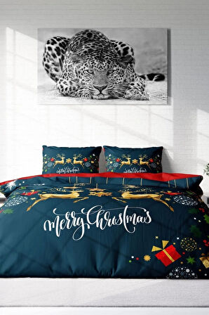 Yılbaşı Nevresim Takım %100 Doğal Pamuk Merry Christmas Çift Kişilik Dark Deer