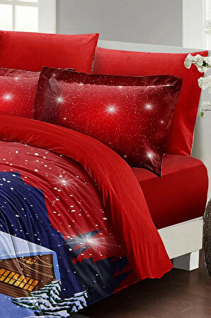 Yılbaşı Süsü House Noel %100 Pamuk Saten 3d Çift Kişilik Nevresim Takımı