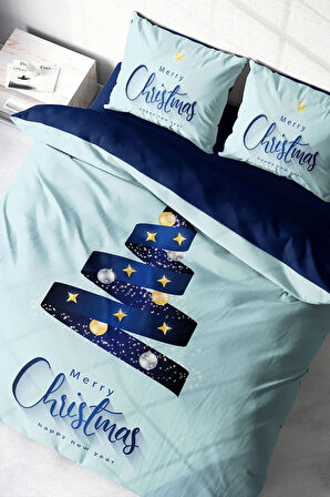 Yılbaşı Nevresim Takım %100 Doğal Pamuk Merry Christmas Çift Kişilik Blue Star