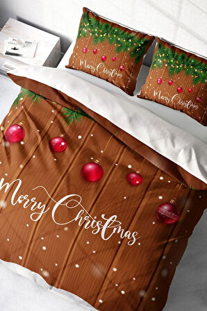 Yılbaşı Nevresim Takım %100 Doğal Pamuk Merry Christmas Çift Kişilik Brown