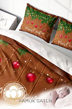 Yılbaşı Nevresim Takım %100 Doğal Pamuk Merry Christmas Çift Kişilik Brown