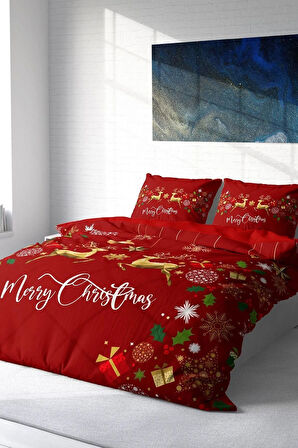 Yılbaşı Süsü Merry Christmas Çift Kişilik 3d Nevresim Takımı Pamuk Saten